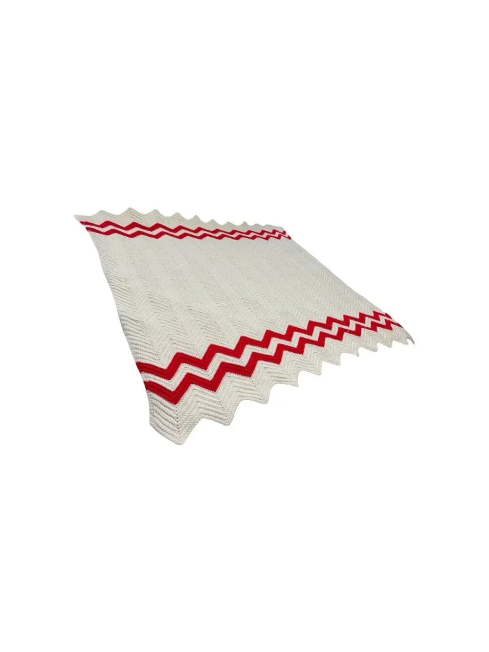 Hand Crocheted Chevron Throw Blanket Cream Red Zigzag Afghan 57 x 47